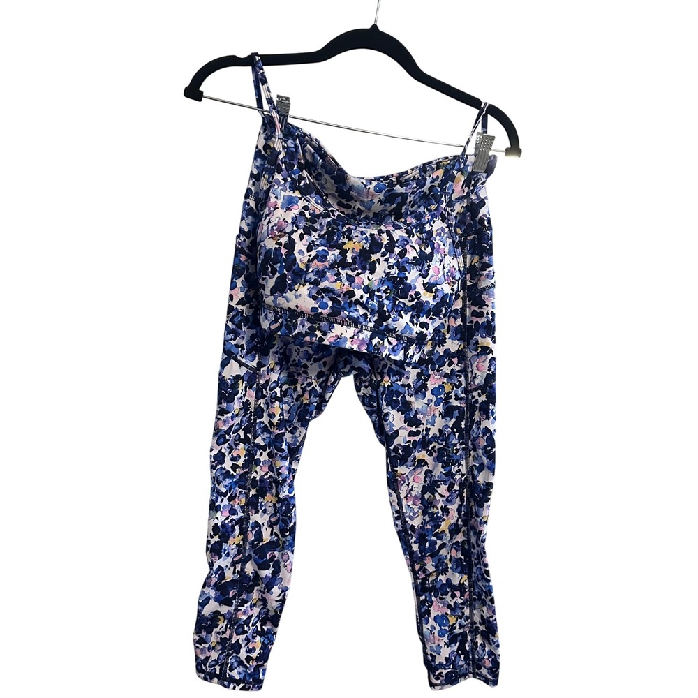 Gaiam‎ Womens Floral Activewear Set Strappy Bra and 7/8 Leggings Blue Purple M